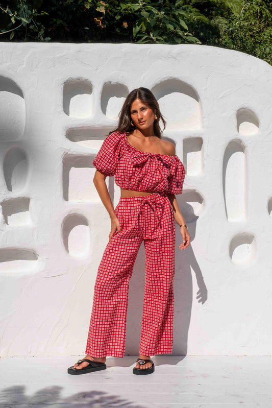 womens wide leg full length relaxed fit pant in a vibrant ruby red gingham print elastic waist with drawstring