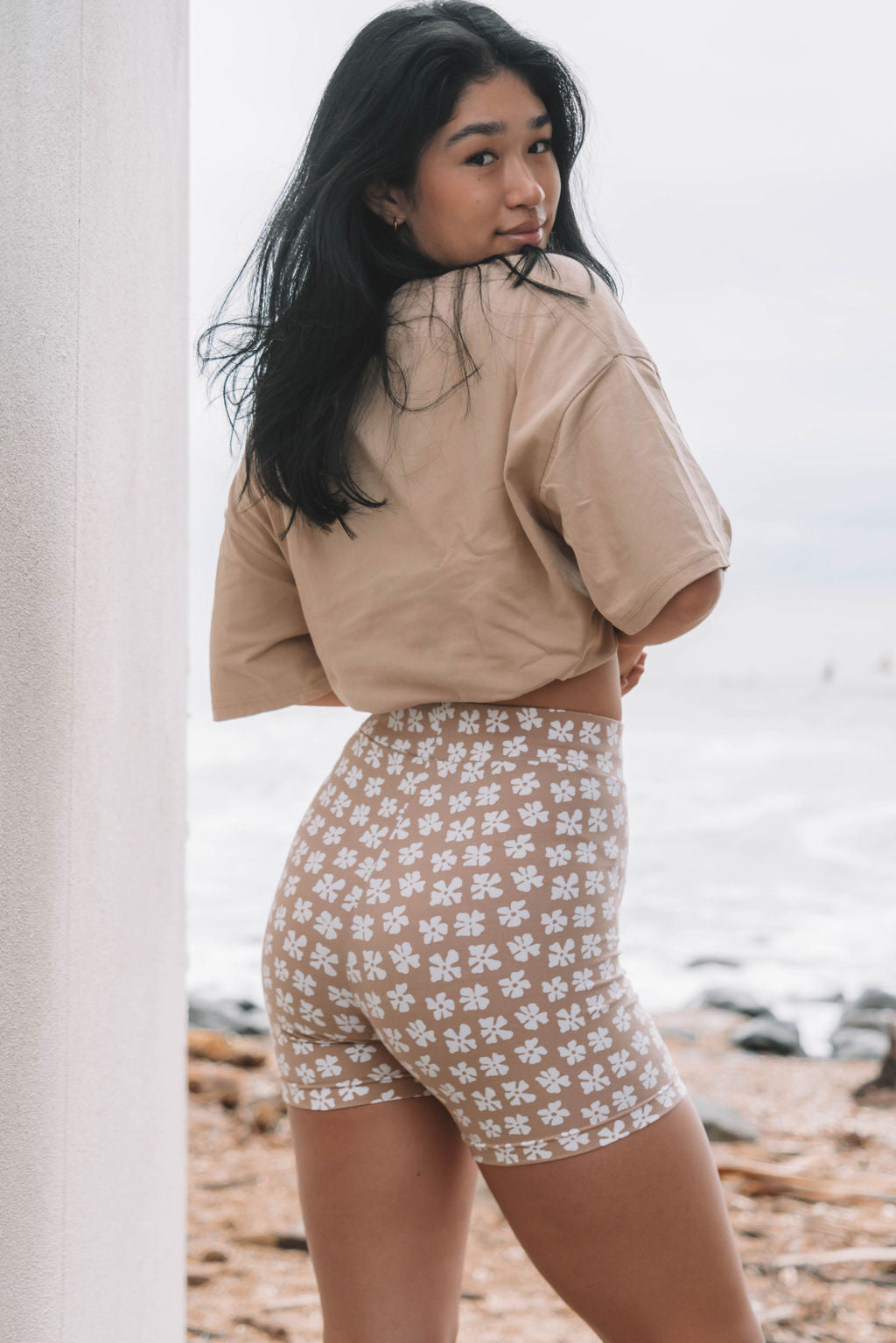 womens bike pants active leisure wear stretch cotton with flower print in beige and white