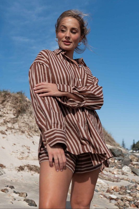 Kenzi Shirt | Striped Choc + Brown