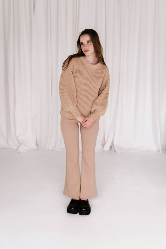 womens cable knit jumper wool cotton blend soft relaxed fit with balloon billowy sleeve feature in toffee beige