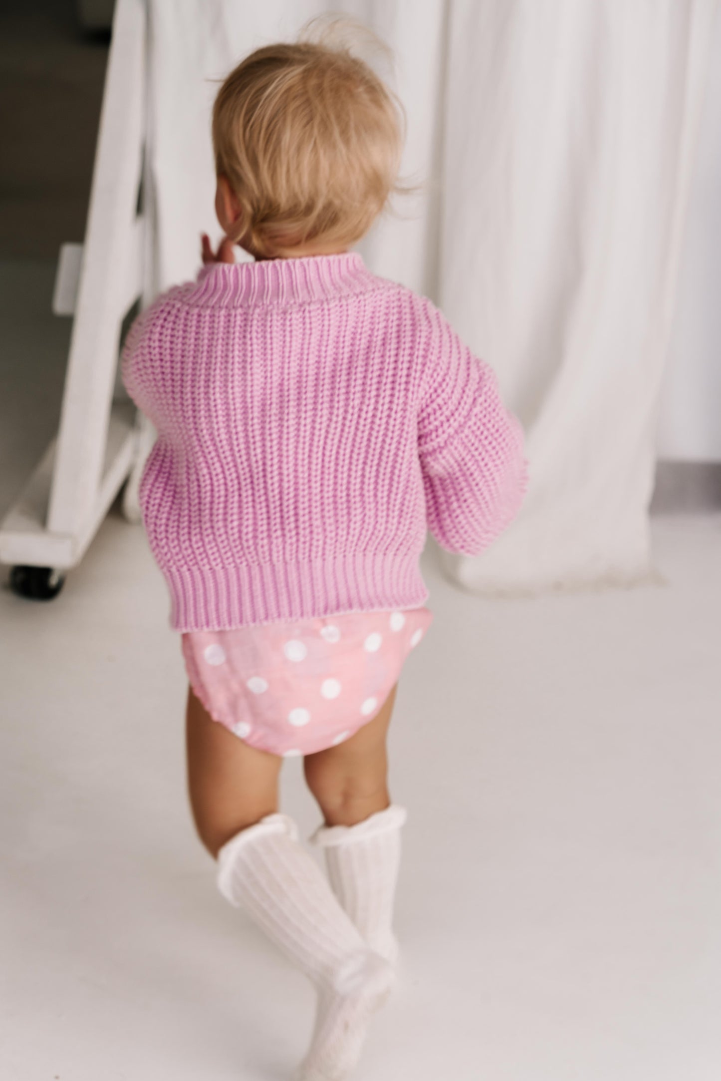 baby toddler knit jumper wool cotton blend soft relaxed fit with balloon billowy sleeve feature in hibiscus pink purple