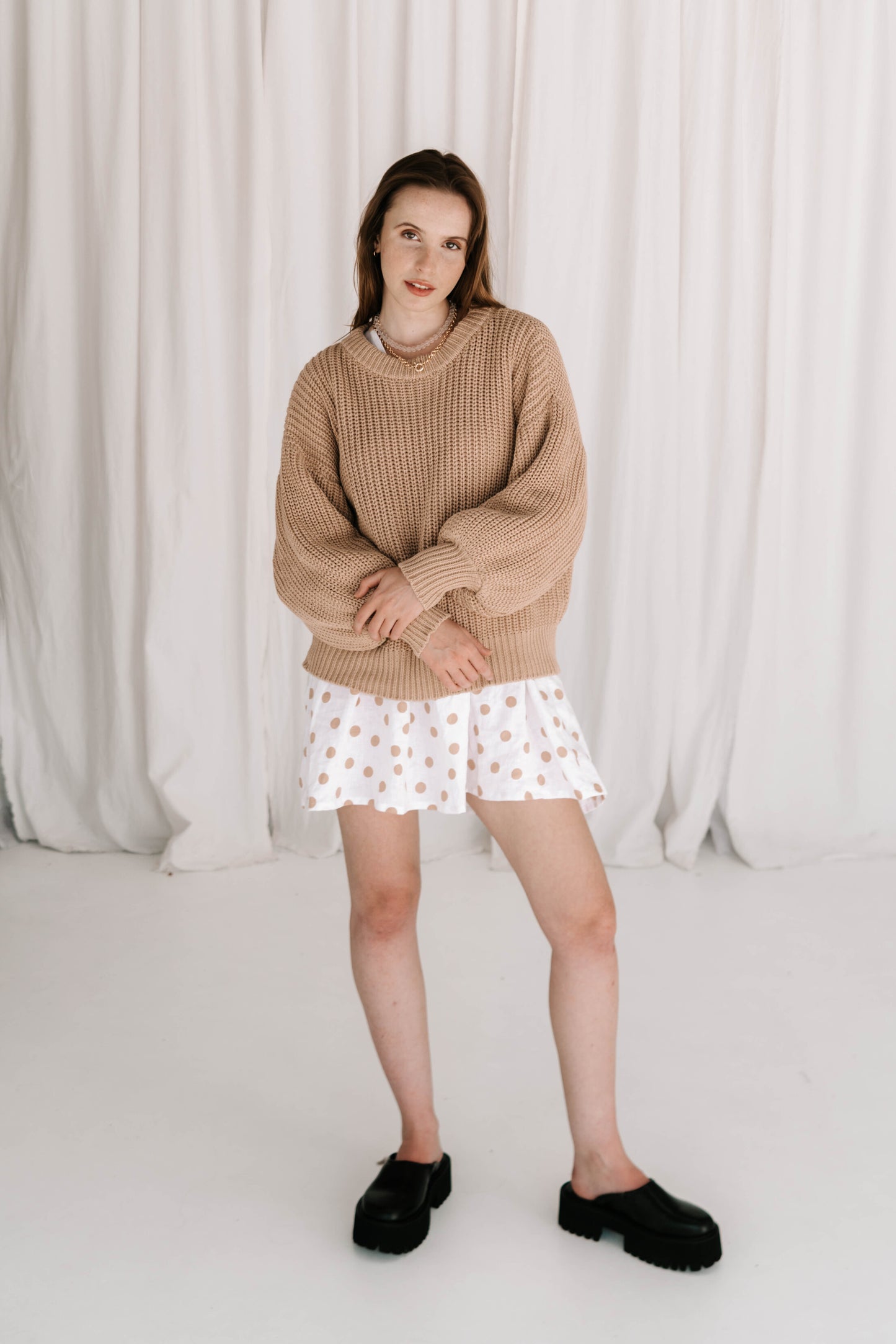 womens cable knit jumper wool cotton blend soft relaxed fit with balloon billowy sleeve feature in toffee beige