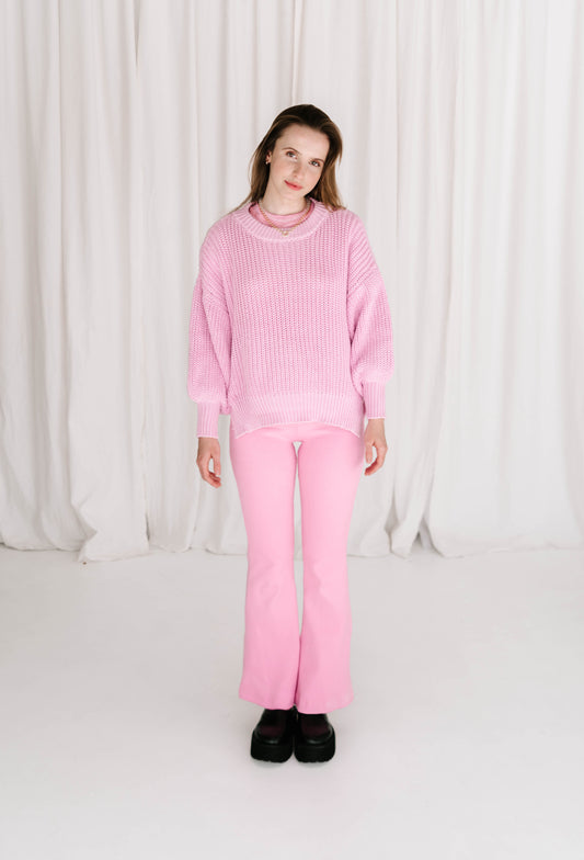 womens cable knit jumper wool cotton blend soft relaxed fit with balloon billowy sleeve feature in hibiscus pink purple