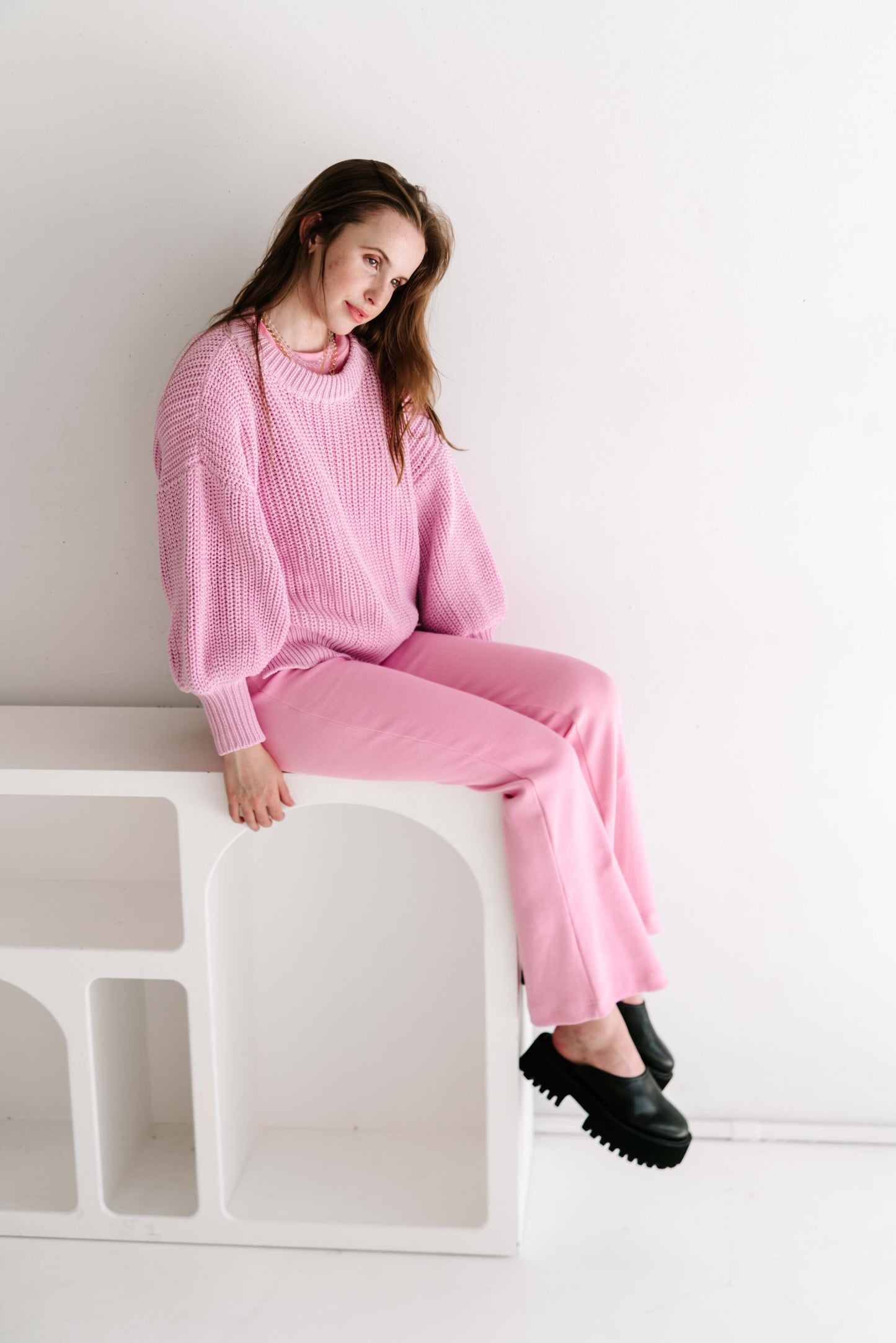 womens cable knit jumper wool cotton blend soft relaxed fit with balloon billowy sleeve feature in hibiscus pink purple