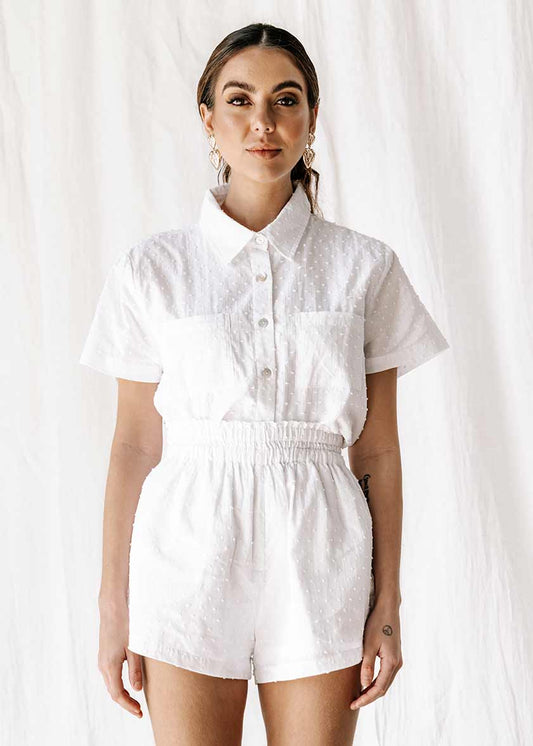 High waisted, relaxed fit shorts, easy wear, easy fit, comfortable, shorts with pockets. 100% high-quality cotton fabric in white textured dot fabric. Hand-dyed 'lilac' linen exclusive to häll store, Pockets, Elastic waist for comfort & an easy fit, High waist design. Linen softens with every wash & will last for seasons to come.Made from the highest quality linen fabric, that is cool & breathable to wear. ETHICALLY MADE IN INDONESIA