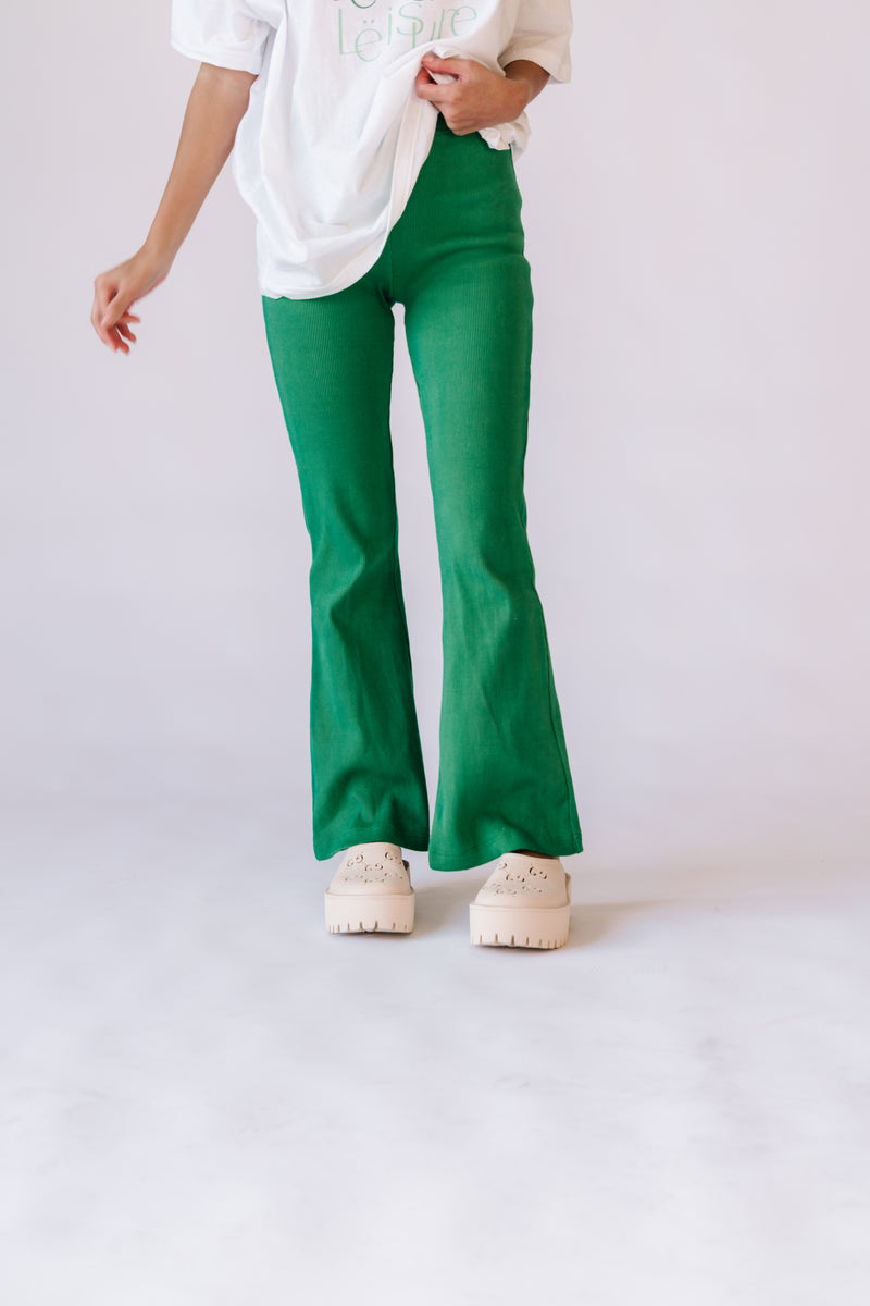 High Waist Ribbed Flared Trousers Green