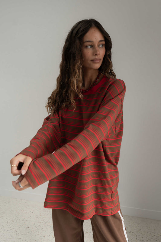 The Andi Long Sleeve | Stripe Red/Brown