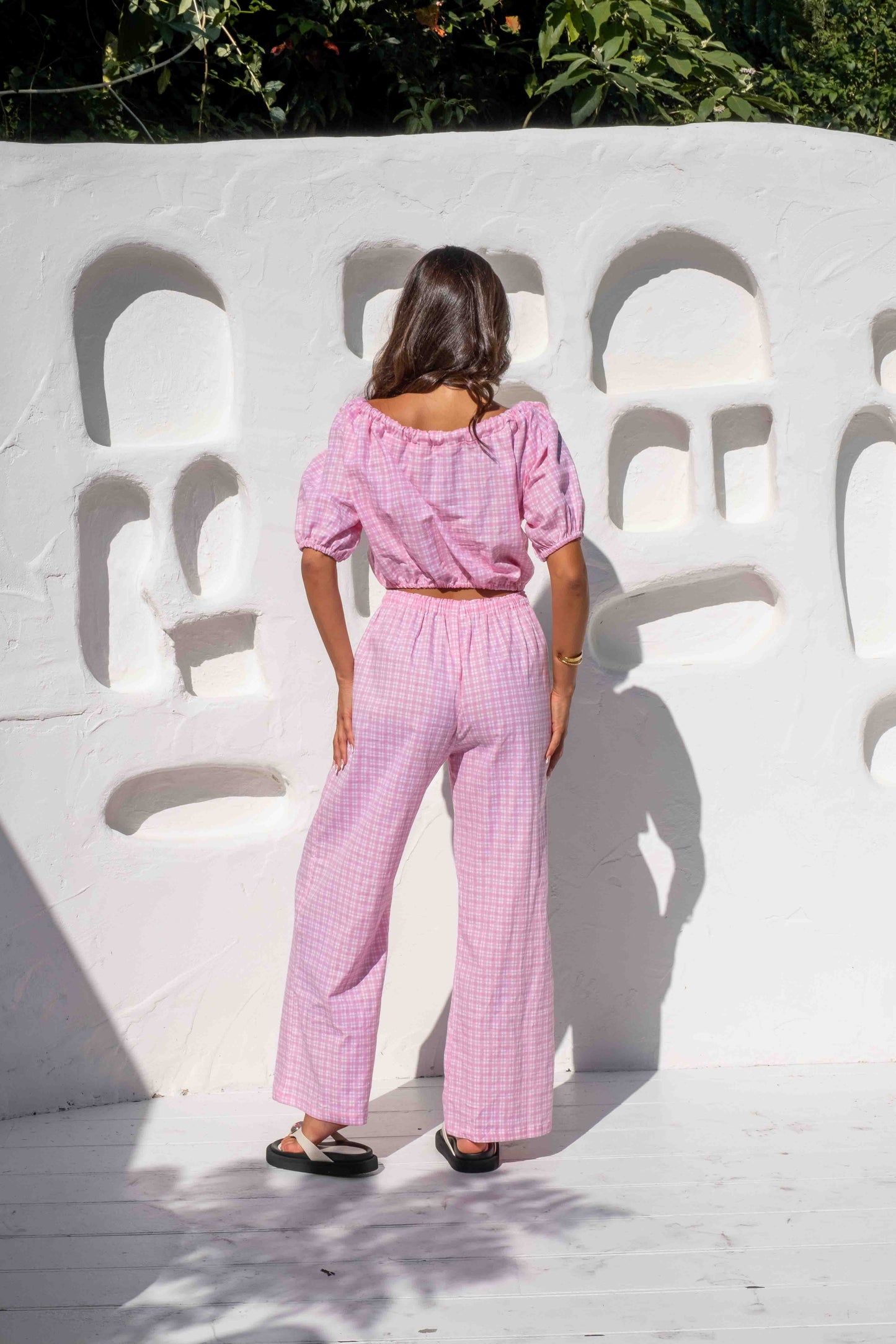 womens wide leg full length relaxed fit pant in a vibrant candy pink gingham print elastic waist with drawstring