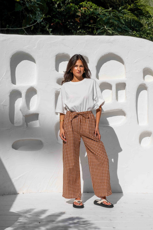 womens wide leg full length relaxed fit pant in a vibrant toffee brown gingham print elastic waist with drawstring