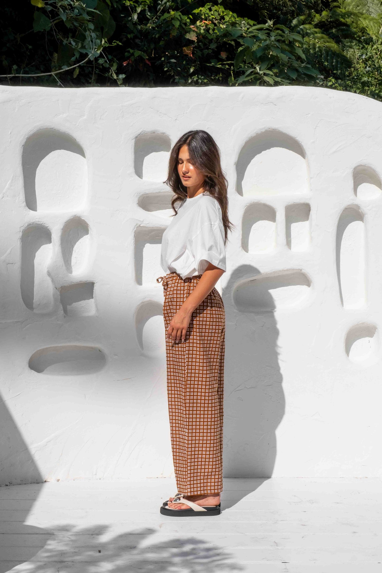 womens wide leg full length relaxed fit pant in a vibrant toffee brown gingham print elastic waist with drawstring