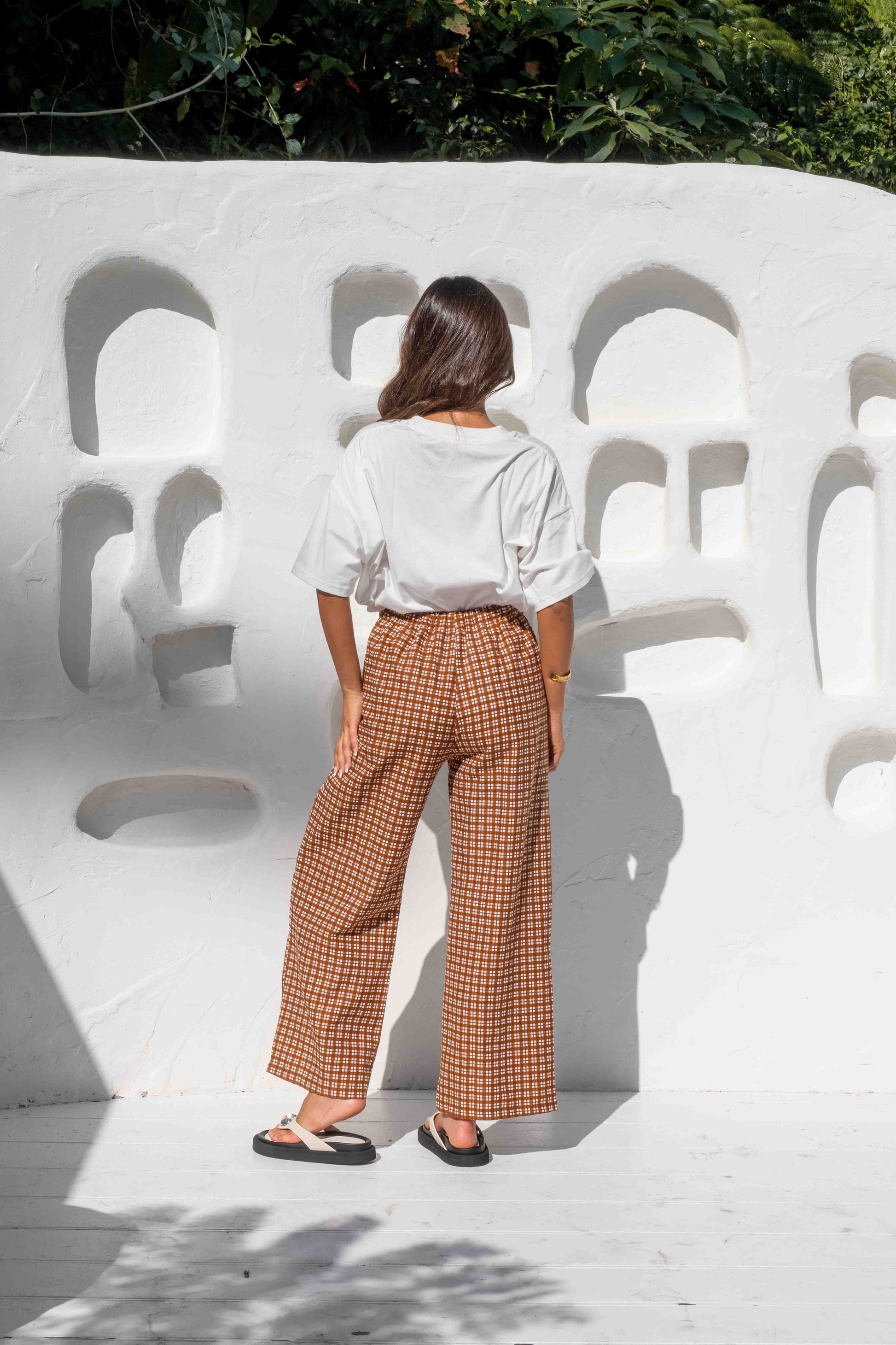 womens wide leg full length relaxed fit pant in a vibrant toffee brown gingham print elastic waist with drawstring