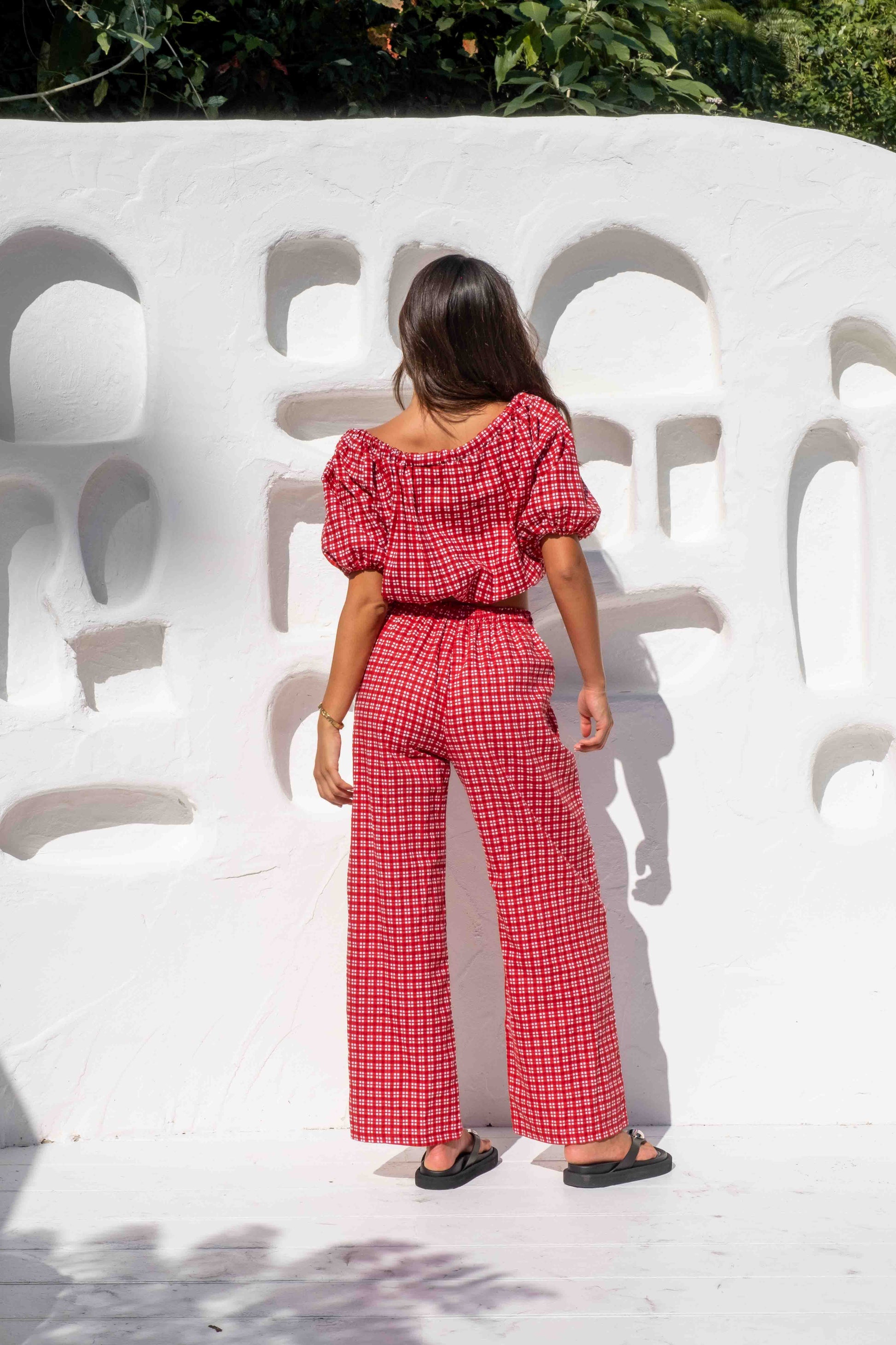 womens wide leg full length relaxed fit pant in a vibrant ruby red gingham print elastic waist with drawstring