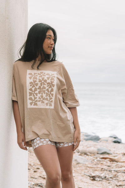 womens tshirt oversized fit with bold logo beige and neutral organic cotton comfortable boxxy fit