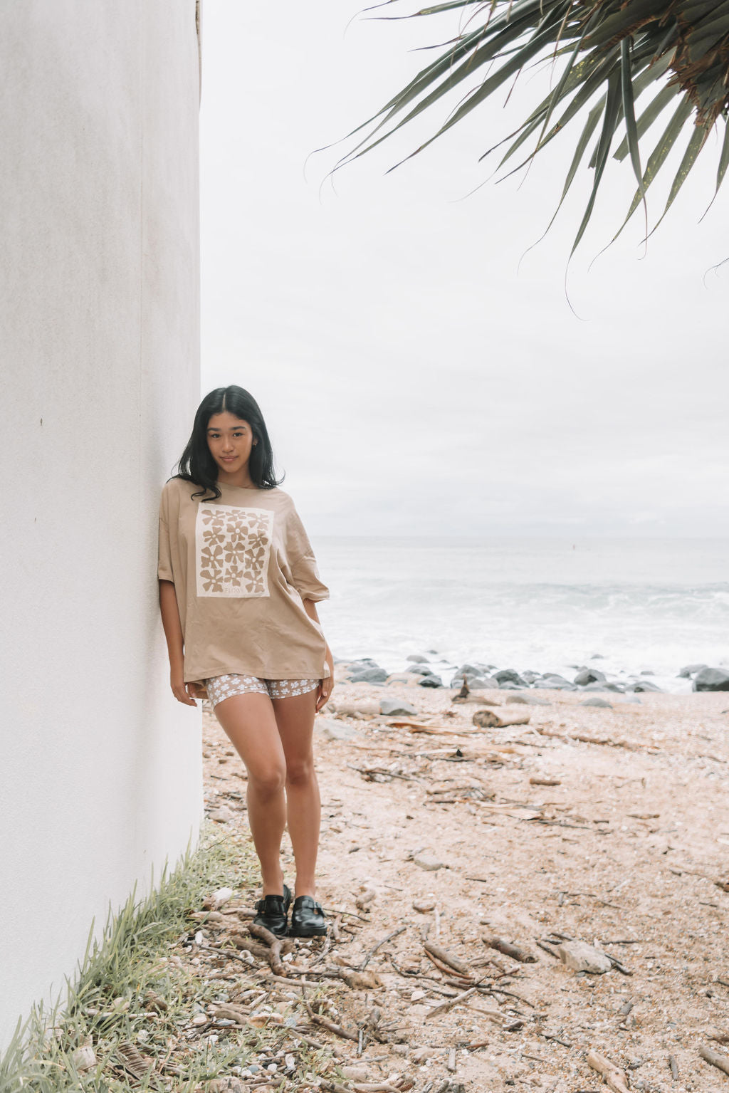 womens tshirt oversized fit with bold logo beige and neutral organic cotton comfortable boxxy fit