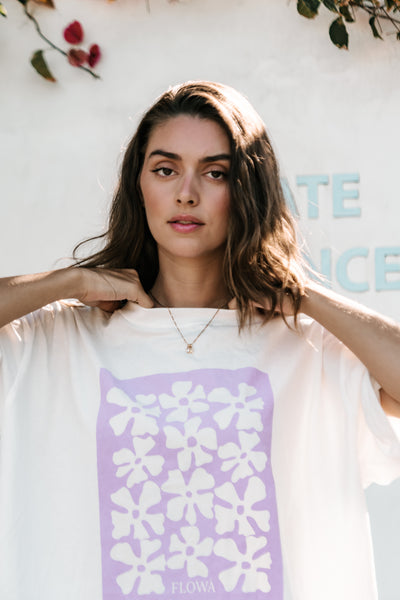 womens tshirt oversized fit with bold logo lilac and white organic cotton comfortable boxxy fit