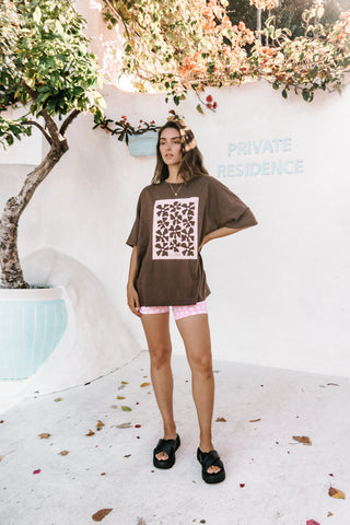 womens tshirt oversized fit with bold graphic logo baby pink and chocolate organic cotton comfortable boxxy fit