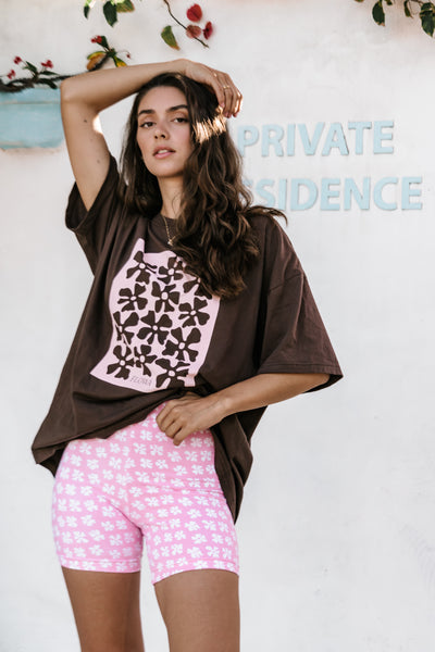 womens tshirt oversized fit with bold graphic logo baby pink and chocolate organic cotton comfortable boxxy fit