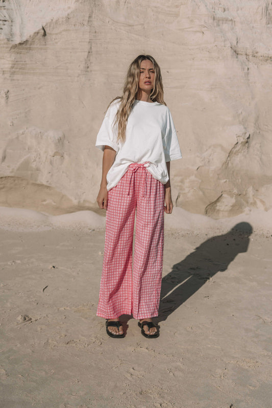 womens wide leg full length relaxed fit pant in a vibrant watermelon pink gingham print elastic waist with drawstring