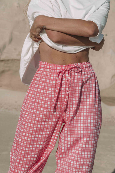 womens wide leg full length relaxed fit pant in a vibrant watermelon pink gingham print elastic waist with drawstring