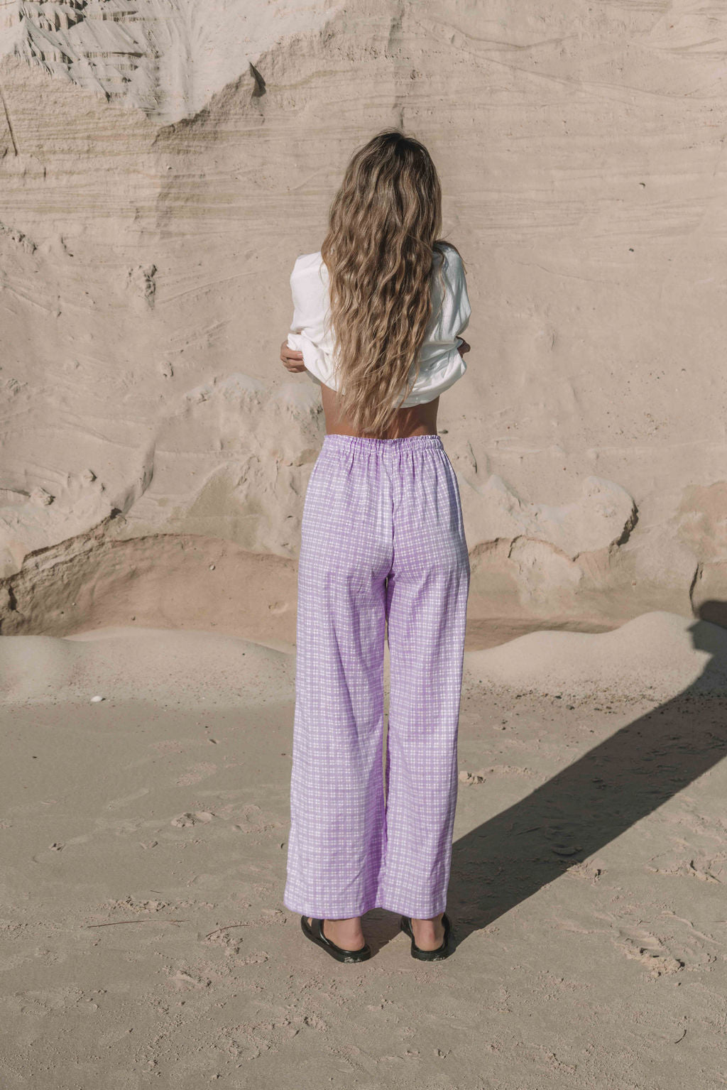 womens wide leg full length relaxed fit pant in lilac gingham print elastic waist with drawstring