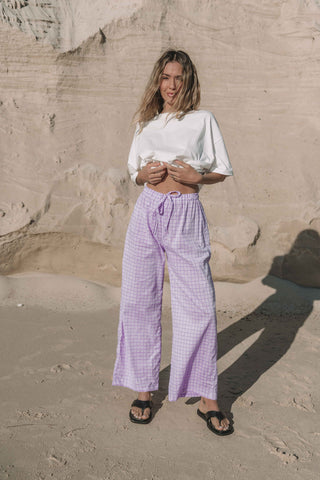 womens wide leg full length relaxed fit pant in lilac gingham print elastic waist with drawstring