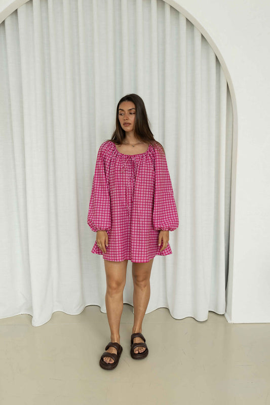 Effy Dress | Gingham Magenta