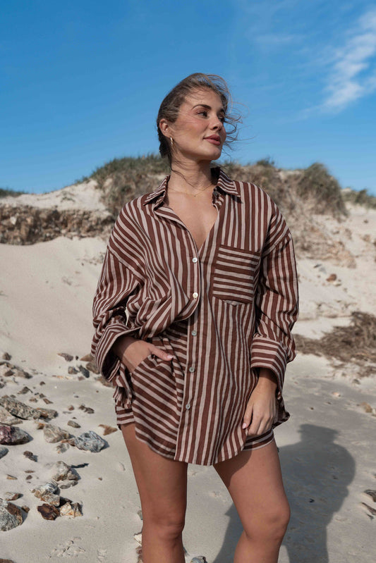 Kenzi Shirt | Striped Choc + Brown