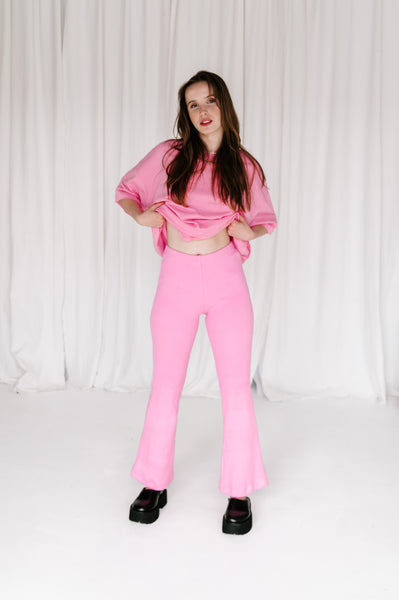 womens pink ribbed cotton flare pant comfortable stylish flattering high waisted with a flared leg stretch cotton hand dyed candy pink