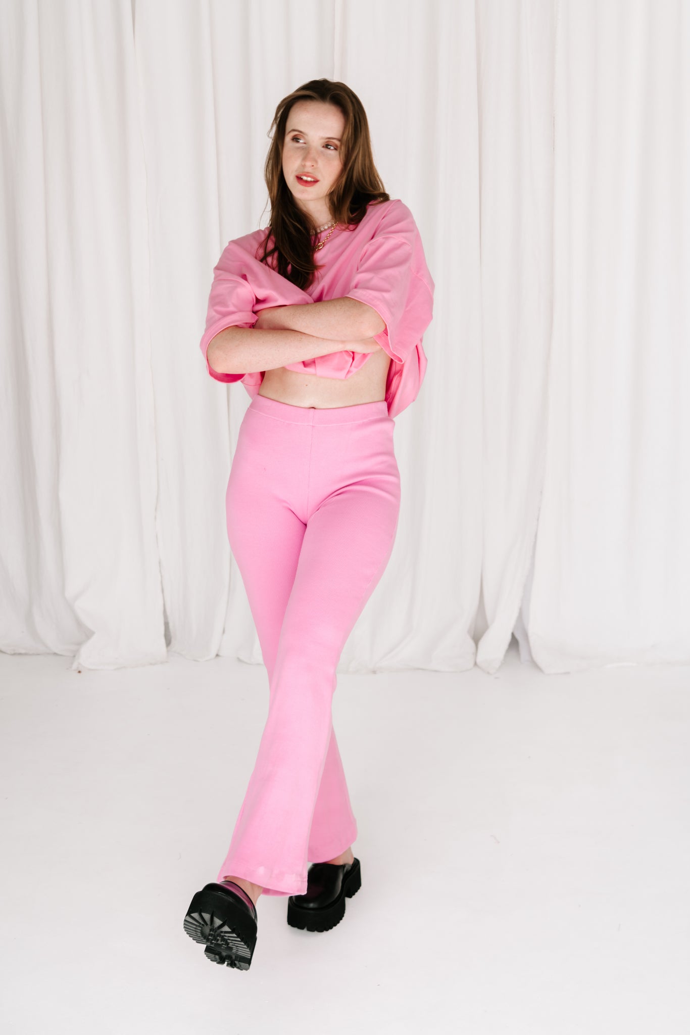 womens pink ribbed cotton flare pant comfortable stylish flattering high waisted with a flared leg stretch cotton hand dyed candy pink