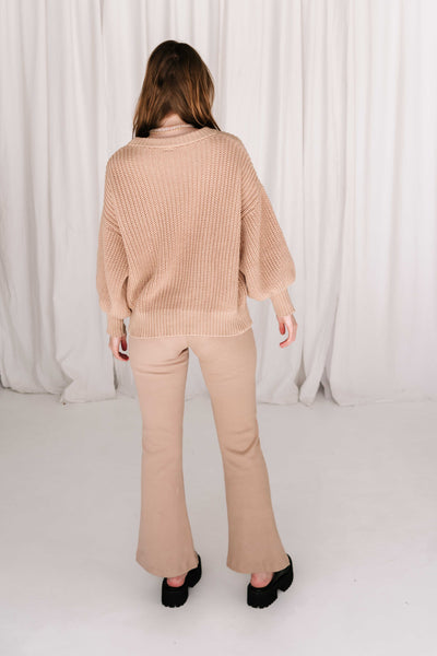 womens cable knit jumper wool cotton blend soft relaxed fit with balloon billowy sleeve feature in toffee beige 