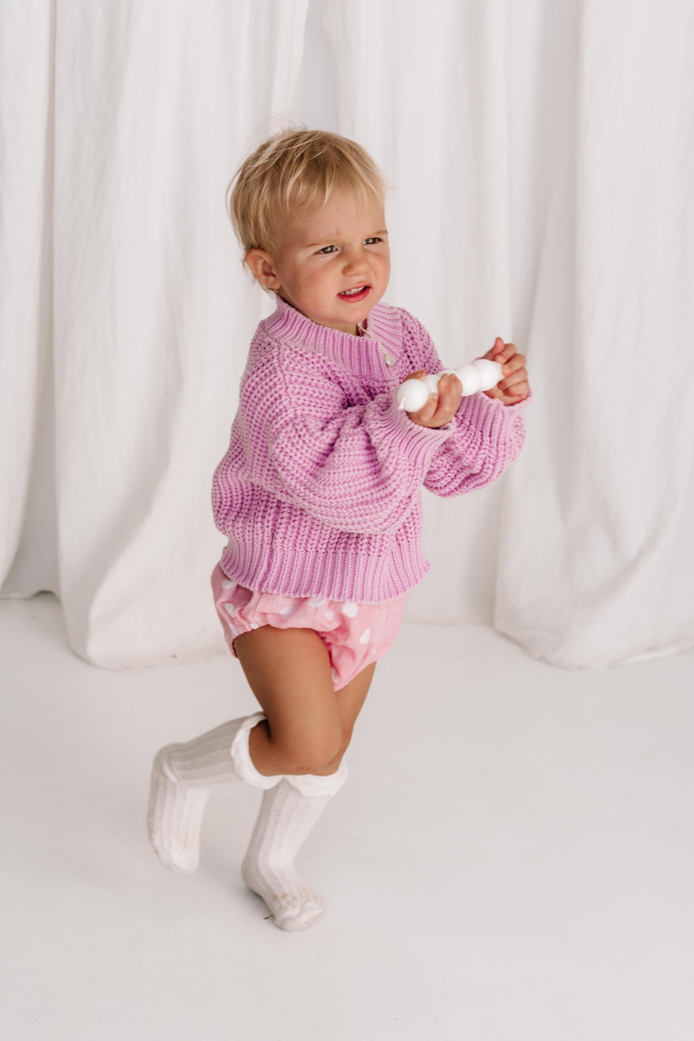 baby toddler knit jumper wool cotton blend soft relaxed fit with balloon billowy sleeve feature in hibiscus pink purple
