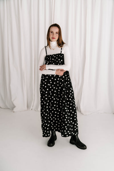 womens maxi dress polkadot black and white rouched top strappy shoulders very flattering fit versatile wear through winter spring summer 100% linen