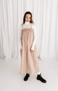 womens maxi dress polkadot a neautral nougat rouched top strappy shoulders very flattering fit versatile wear through winter spring summer 100% linen