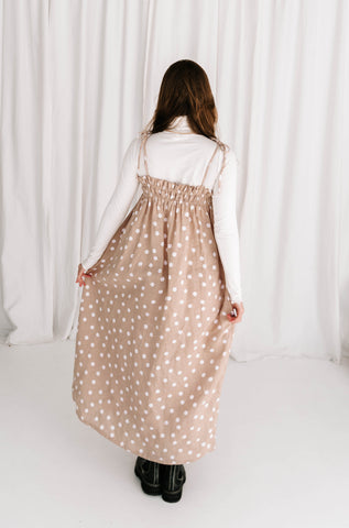womens maxi dress polkadot a neautral nougat rouched top strappy shoulders very flattering fit versatile wear through winter spring summer 100% linen