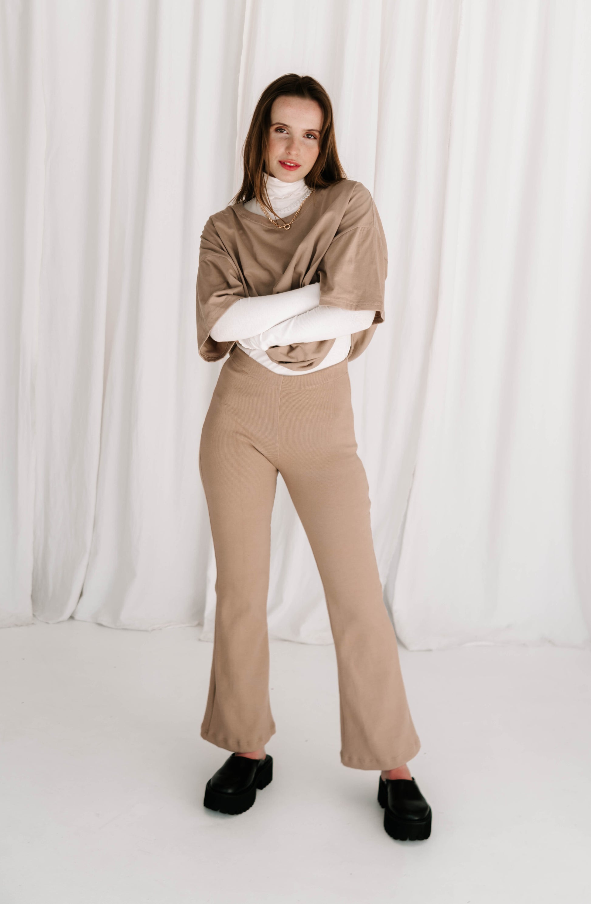 womens ribbed cotton flare pant comfortable stylish flattering high waisted with a flared leg stretch cotton nougat hand dyed beige