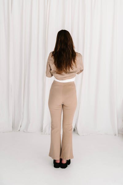 womens ribbed cotton flare pant comfortable stylish flattering high waisted with a flared leg stretch cotton nougat hand dyed beige