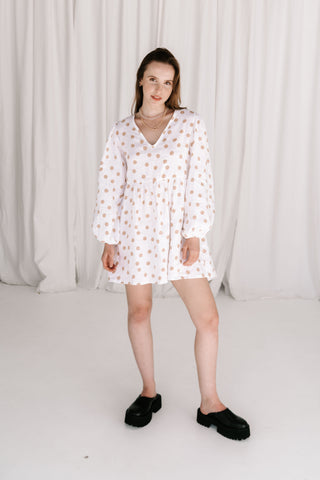 statement long puff sleeve polkadot dress beige and white on linen dress with v front, flattering shape, elastic cuffs flowy fit ties at back with adjustable straps short dress high quality linen