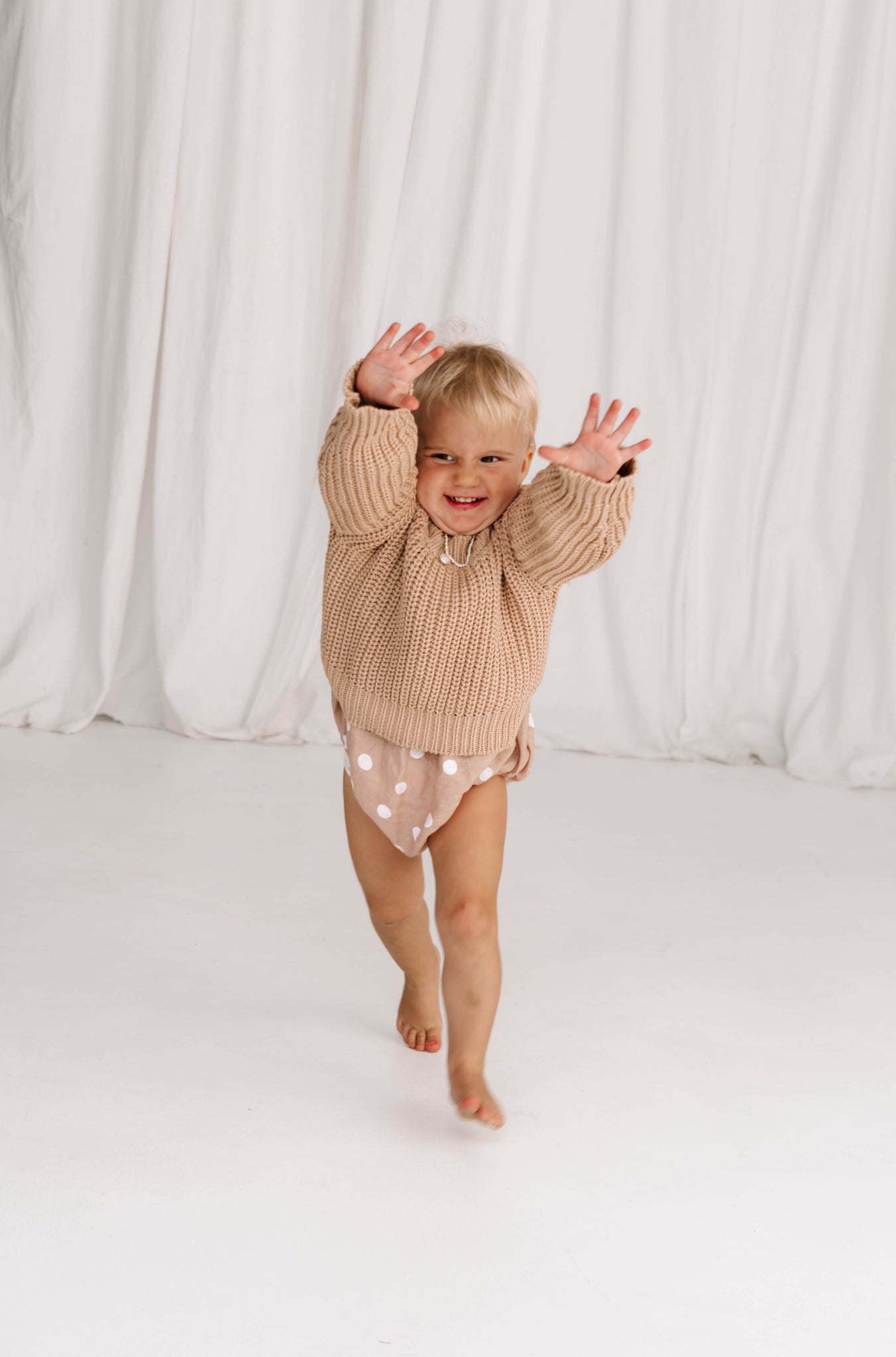 baby toddler knit jumper wool cotton blend soft relaxed fit with balloon billowy sleeve feature in toffee beige warm hue