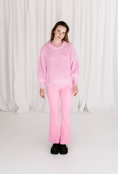 womens cable knit jumper wool cotton blend soft relaxed fit with balloon billowy sleeve feature in hibiscus pink purple