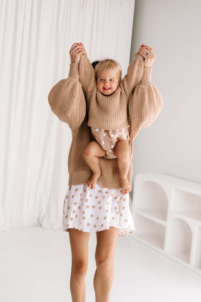 baby toddler knit jumper wool cotton blend soft relaxed fit with balloon billowy sleeve feature in toffee beige warm hue
