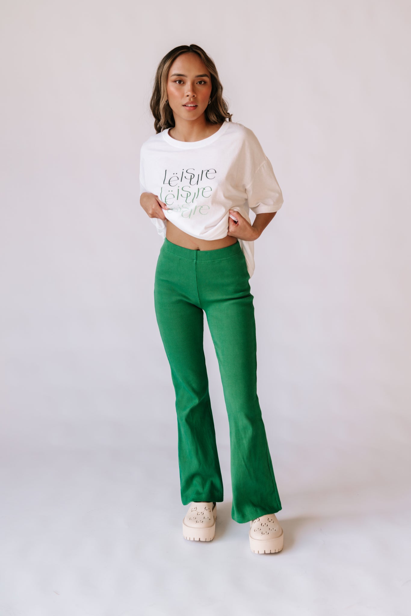 Green Ultra High Rise Flared Pants Online Shopping | OXXOSHOP