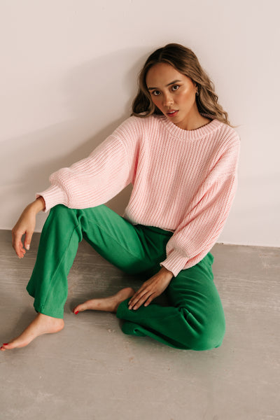 womens all natural cable knit jumper, made from 100% natural fabrics wool and cotton. Featuring a statement balloon sleeve & crew neckline, super warm and comfortable for the cooler months. Ethically handmade in Indonesia.