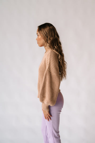 womens all natural cable knit jumper, made from 100% natural fabrics wool and cotton. Featuring a statement balloon sleeve & crew neckline, super warm and comfortable for the cooler months. Ethically handmade in Indonesia.