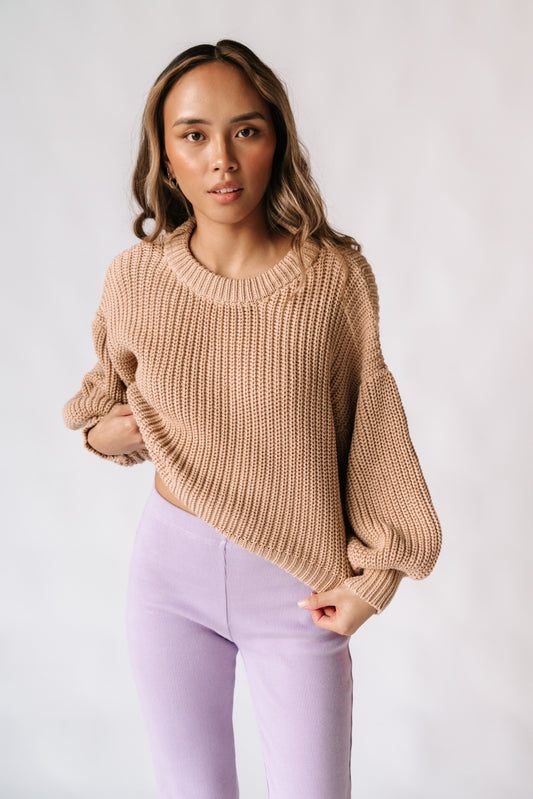 womens all natural cable knit jumper, made from 100% natural fabrics wool and cotton. Featuring a statement balloon sleeve & crew neckline, super warm and comfortable for the cooler months. Ethically handmade in Indonesia.