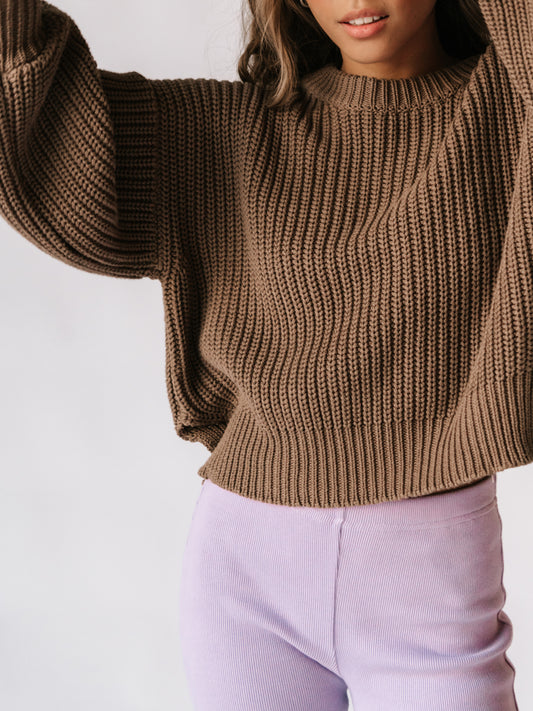 womens all natural cable knit jumper, made from 100% natural fabrics wool and cotton. Featuring a statement balloon sleeve & crew neckline, super warm and comfortable for the cooler months. Ethically handmade in Indonesia.