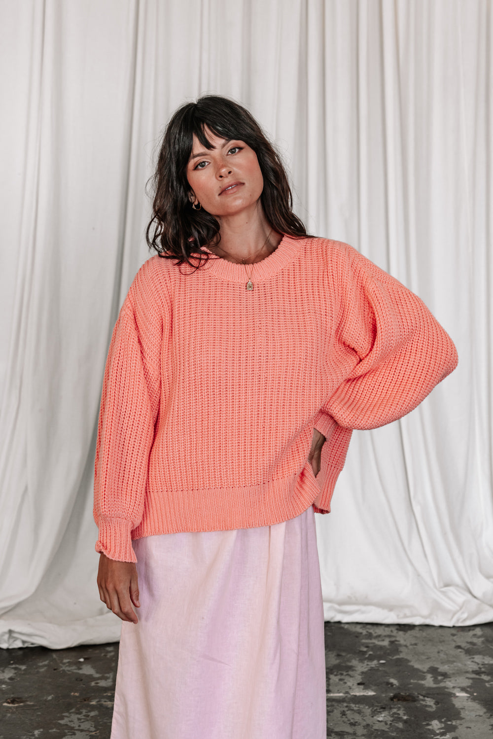 womens all natural cable knit jumper, made from 100% natural fabrics wool and cotton. Featuring a statement balloon sleeve & crew neckline, super warm and comfortable for the cooler months. Ethically handmade in Indonesia.