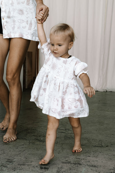 girls dress mini toddler baby dress smock style with puffy sleeves print design fun sweet linen baby fashion toddler fashion